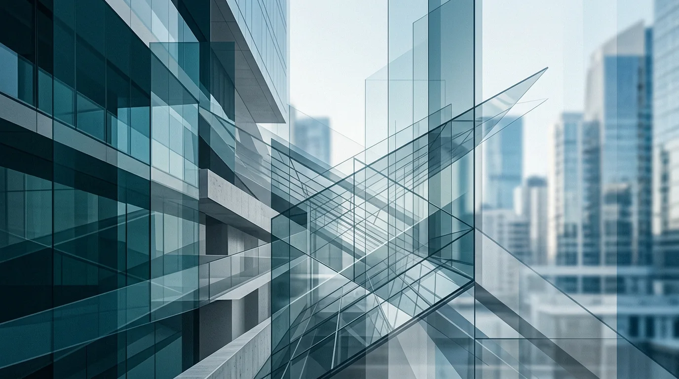 Capa editorial abstrata com arquitetura e vidro para Direito Imobiliário