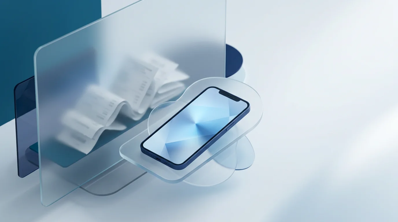 Composição abstrata com smartphone e camadas translúcidas para Direito do Consumidor